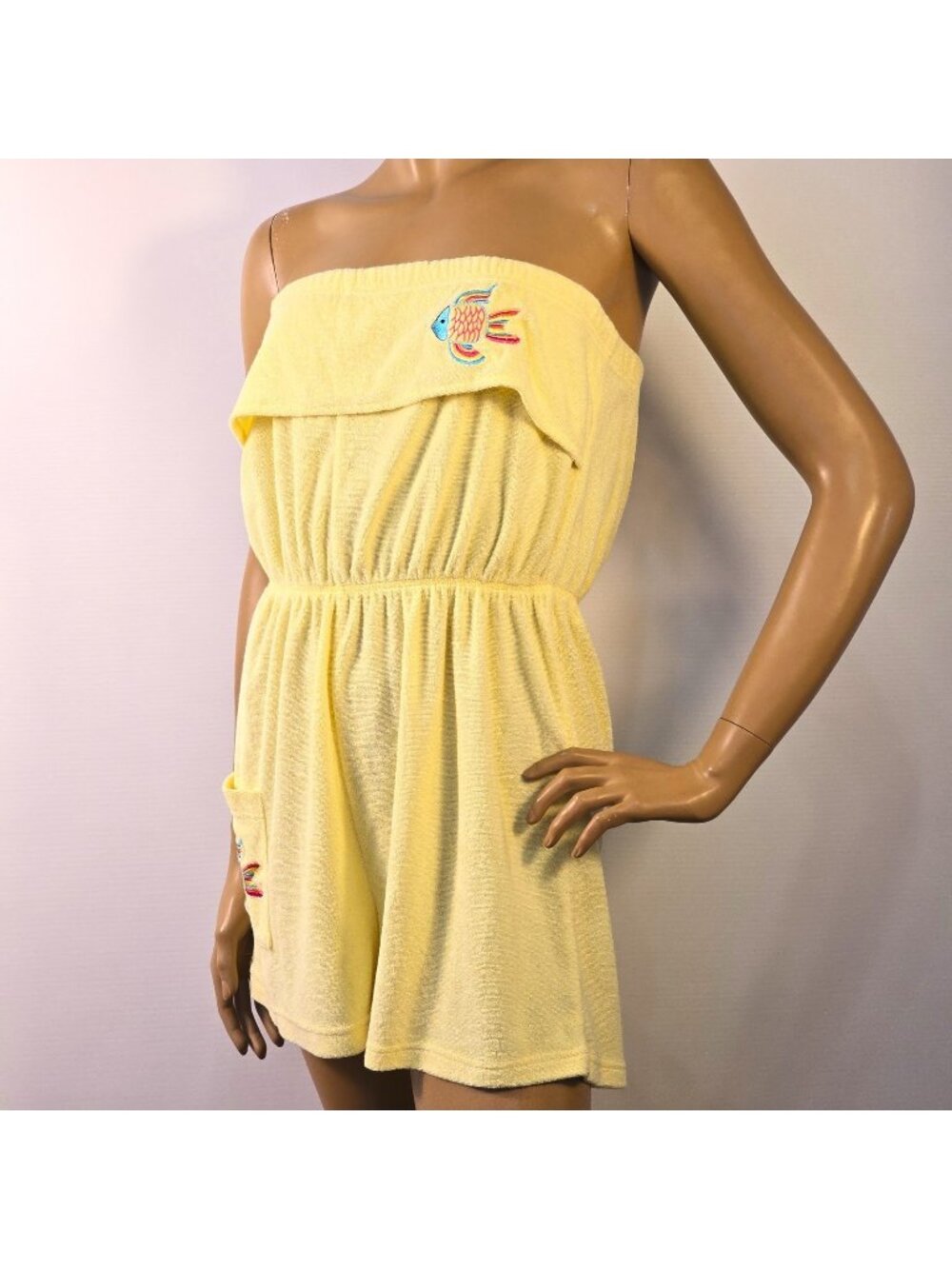 Yellow Terrycloth Strapless Romper Sz L Fish Embroidery Vintage Palm Harbour